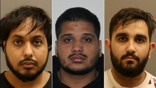 This combination of handout pictures courtesy of the Integrated Homicide Investigation Team in Canada created on May 3, 2024 shows the pictures of (from L) Karanpreet Singh, Kamalpreet Singh and Karan Brar, charged in relation to the homicide of Hardeep Singh Nijjar. (AFP)