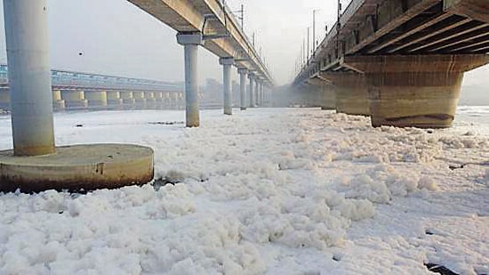 Toxic foam in the Yamuna at Kalindi Kunj in Delhi. High pollution in Delhi’s drain network eventually reaches the Yamuna. (ANI)