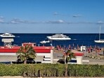 Yachts and boats are docked in the marina while the beach is closed due to bad weather conditions at the Egyptian Red Sea resort of Hurghada after a tourist boat sank off Red Sea coast, Egypt.