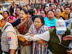Protests erupted in Manipur after accomplices of the gunmen, who survived the gunfight, shot dead two Meitei men and abducted six civilian women and children. The six were later found dead. (AFP) Protests erupted in Manipur after accomplices of the gunmen, who survived the gunfight, shot dead two Meitei men and abducted six civilian women and children. The six were later found dead. (AFP)