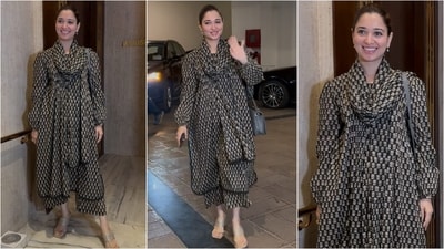 Tamannaah Bhatia embraced minimalism in a black kurta set. (Instagram) Tamannaah Bhatia embraced minimalism in a black kurta set. (Instagram)