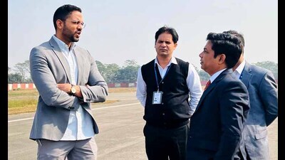 Deputy commissioner Jatinder Jorwal at the Sahnewal airport with officials on Monday. (HT photo)