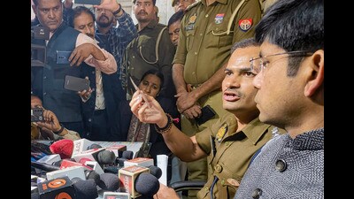 District magistrate Rajendra Pensiya and Superintendent of Police (SP) Sambhal Krishna Kumar Bishnoi address the media regarding the situation after the recent violence that erupted over survey of Jama mosque, in Sambhal on Monday. (PTI) District magistrate Rajendra Pensiya and Superintendent of Police (SP) Sambhal Krishna Kumar Bishnoi address the media regarding the situation after the recent violence that erupted over survey of Jama mosque, in Sambhal on Monday. (PTI)