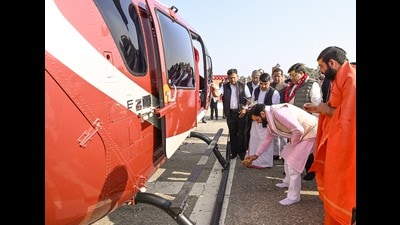 Haryana chief minister Nayab Singh Saini performing pooja of new chopper in Chandigarh. (HT Photo) Haryana chief minister Nayab Singh Saini performing pooja of new chopper in Chandigarh. (HT Photo)