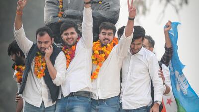 NSUI candidate Ronak Khatri (president) with Lokesh Chaudhary (joint secretary) celebrate after winning in the Delhi University Students Union (DUSU) elections at Delhi University north campus in New Delhi on Monday. (RAJ K RAJ /HT PHOTO) NSUI candidate Ronak Khatri (president) with Lokesh Chaudhary (joint secretary) celebrate after winning in the Delhi University Students Union (DUSU) elections at Delhi University north campus in New Delhi on Monday. (RAJ K RAJ /HT PHOTO)