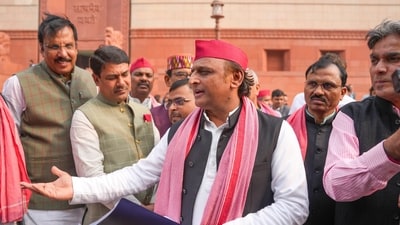 New Delhi: Samajwadi Party President Akhilesh Yadav with party MPs during the first day of the Winter session of Parliament, in New Delhi, Monday, Nov. 25, 2024. (PTI Photo/Ravi Choudhary) (PTI11_25_2024_000193A) (PTI) New Delhi: Samajwadi Party President Akhilesh Yadav with party MPs during the first day of the Winter session of Parliament, in New Delhi, Monday, Nov. 25, 2024. (PTI Photo/Ravi Choudhary) (PTI11_25_2024_000193A) (PTI)