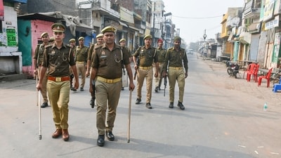 Security personnel patrol the violence-hit area in Sambhal a day after clashes and stone-pelting incidents over the survey of the Jama mosque. (PTI) Security personnel patrol the violence-hit area in Sambhal a day after clashes and stone-pelting incidents over the survey of the Jama mosque. (PTI)