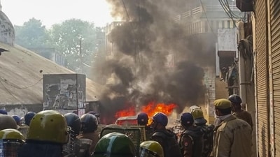 Police try to control situation after violence erupted during the second survey of the Jama Masjid, claimed to be originally the site of an ancient Hindu temple, in Sambhal, on Sunday. (PTI)