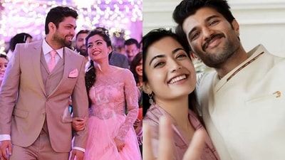 Rashmika Mandanna during her engagement ceremony with Rakshit Shetty; photographed with Vijay Deverakonda (Photos: X) Rashmika Mandanna during her engagement ceremony with Rakshit Shetty; photographed with Vijay Deverakonda (Photos: X)