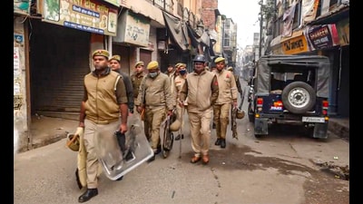 Security personnel deployed outside the Jama Masjid to maintain law and order in Sambhal on Monday. (PTI) Security personnel deployed outside the Jama Masjid to maintain law and order in Sambhal on Monday. (PTI)