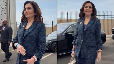 Nita Ambani dazzled at the IPL Auction 2025 in Jeddah, Dubai, wearing a navy blue tweed suit. (Instagram) Nita Ambani dazzled at the IPL Auction 2025 in Jeddah, Dubai, wearing a navy blue tweed suit. (Instagram)