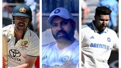 From Left: Travis Head, Rohit Sharma and Harshit Rana (Screengrab) From Left: Travis Head, Rohit Sharma and Harshit Rana (Screengrab)