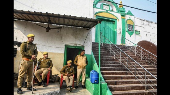 State police personnel deployed outside the Shahi Jama Masjid in Sambhal on Monday. (AFP)