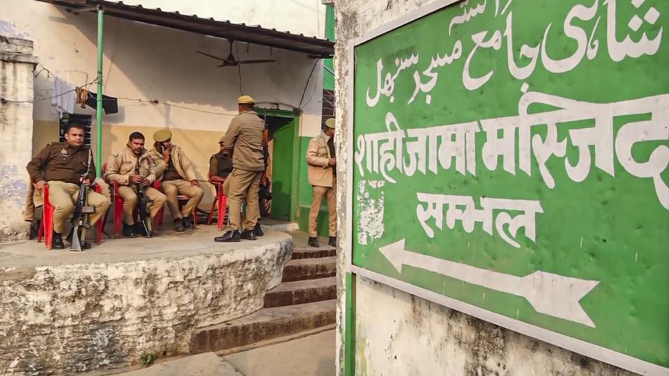 Security personnel deployed to maintain law and order, a day after clashes between police and protesters opposing the survey of the Jama Masjid, in Sambhal in Uttar Pradesh on Monday . (PTI) Security personnel deployed to maintain law and order, a day after clashes between police and protesters opposing the survey of the Jama Masjid, in Sambhal in Uttar Pradesh on Monday . (PTI)