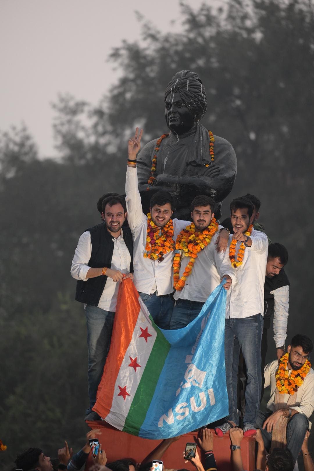 NSUI winning members Rounak Khatri (President) along with Lokesh Chaudhary (Joint Secretary) celebrate after winning two seats at the Arts faculty. (Photo by Raj K. Raj) NSUI winning members Rounak Khatri (President) along with Lokesh Chaudhary (Joint Secretary) celebrate after winning two seats at the Arts faculty. (Photo by Raj K. Raj)