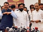  Maharashtra Chief Minister Eknath Shinde, Deputy CMs Ajit Pawar and Devendra Fadnavis during a press conference as the Mahayuti is set to form the government in the state, at Varsha Bungalow in Mumbai on Saturday. 