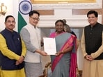Union Ministers Kiren Rijiju, Piyush Goyal and Pralhad Joshi call on President Droupadi Murmu and extended an invitation to attend the event commemorating 75 years of adoption of the Constitution of India. (ANI Photo)
Union Ministers Kiren Rijiju, Piyush Goyal and Pralhad Joshi call on President Droupadi Murmu and extended an invitation to attend the event commemorating 75 years of adoption of the Constitution of India. (ANI Photo)