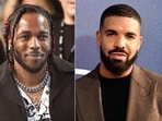 Rapper Kendrick Lamar appears at the MTV Video Music Awards, on Aug. 27, 2017, in Inglewood, Calif., left, and Canadian rapper Drake appears at the premiere of the series "Euphoria," in Los Angeles on June 4, 2019. 