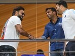 Rishabh Pant with Co-owner of Delhi Capitals Parth Jindal during the IPL 2023 cricket match. (Sportzpics for IPL/PTI Photo)(PTI04_04_2023_000330B)