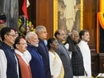 President Droupadi Murmu with Vice President Jagdeep Dhankhar, Prime Minister Narendra Modi, Lok Sabha Speaker Om Birla, LoP in the Rajya Sabha Mallikarjun Kharge and LoP in the Lok Sabha Rahul Gandhi. President Droupadi Murmu with Vice President Jagdeep Dhankhar, Prime Minister Narendra Modi, Lok Sabha Speaker Om Birla, LoP in the Rajya Sabha Mallikarjun Kharge and LoP in the Lok Sabha Rahul Gandhi.