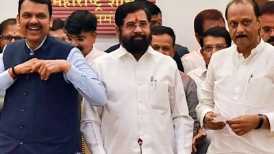 Maharashtra Chief Minister Eknath Shinde, Deputy CMs Ajit Pawar and Devendra Fadnavis during a press conference as the Mahayuti is set to form the government in the state, at Varsha Bungalow in Mumbai on Saturday. Maharashtra Chief Minister Eknath Shinde, Deputy CMs Ajit Pawar and Devendra Fadnavis during a press conference as the Mahayuti is set to form the government in the state, at Varsha Bungalow in Mumbai on Saturday.
