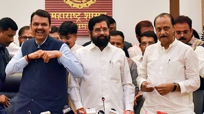 Maharashtra Chief Minister Eknath Shinde, Deputy CMs Ajit Pawar and Devendra Fadnavis during a press conference as the Mahayuti is set to form the government in the state, at Varsha Bungalow in Mumbai on Saturday. (ANI/Deepak Salvi)