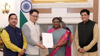 Union Ministers Kiren Rijiju, Piyush Goyal and Pralhad Joshi call on President Droupadi Murmu and extended an invitation to attend the event commemorating 75 years of adoption of the Constitution of India. (ANI Photo) (rashtrapatibhvn- X) Union Ministers Kiren Rijiju, Piyush Goyal and Pralhad Joshi call on President Droupadi Murmu and extended an invitation to attend the event commemorating 75 years of adoption of the Constitution of India. (ANI Photo) (rashtrapatibhvn- X)