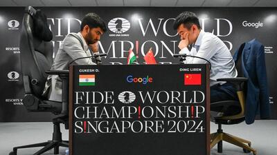 China’s Ding Liren and India’s D Gukesh during the FIDE World Chess Championship in Singapore. (AFP)