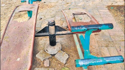 Damaged machine at an open gym in Delhi.