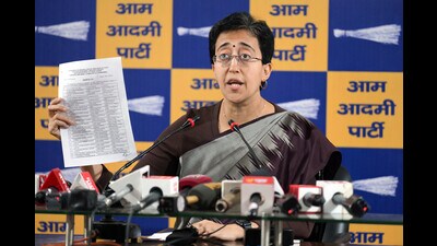 Delhi CM Atishi addresses a press conference in New Delhi on Tuesday. (RAJ K RAJ /HT PHOTO) Delhi CM Atishi addresses a press conference in New Delhi on Tuesday. (RAJ K RAJ /HT PHOTO)