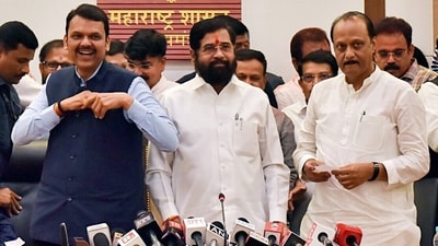 Maharashtra Chief Minister Eknath Shinde, Deputy CMs Ajit Pawar and Devendra Fadnavis during a press conference in Mumbai. (ANI) Maharashtra Chief Minister Eknath Shinde, Deputy CMs Ajit Pawar and Devendra Fadnavis during a press conference in Mumbai. (ANI)