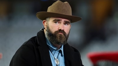 Nov 18, 2024; Arlington, Texas, USA;  ESPN personality and former Philadelphia Eagles center Jason Kelce on set before the game between the Dallas Cowboys and Houston Texans at AT&T Stadium. Mandatory Credit: Kevin Jairaj-Imagn Images (USA TODAY Sports via Reuters Con)