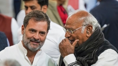 Congress president Mallikarjun Kharge and LoP in the Lok Sabha Rahul Gandhi during 'Samvidhan Divas' function at Samvidhan Sadan, in New Delhi. (PTI) Congress president Mallikarjun Kharge and LoP in the Lok Sabha Rahul Gandhi during 'Samvidhan Divas' function at Samvidhan Sadan, in New Delhi. (PTI)
