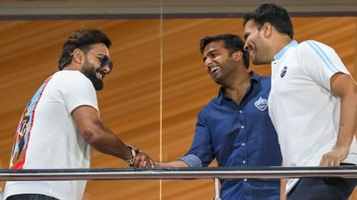 Rishabh Pant with Co-owner of Delhi Capitals Parth Jindal during the IPL 2023 cricket match. (Sportzpics for IPL/PTI Photo)(PTI04_04_2023_000330B) (PTI) Rishabh Pant with Co-owner of Delhi Capitals Parth Jindal during the IPL 2023 cricket match. (Sportzpics for IPL/PTI Photo)(PTI04_04_2023_000330B) (PTI)
