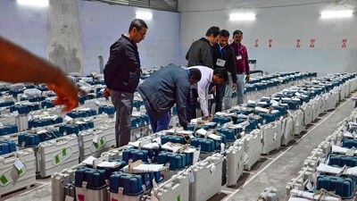 EVMs and VVPATs at a strong room on the counting day (PTI) EVMs and VVPATs at a strong room on the counting day (PTI)