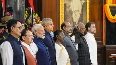President Droupadi Murmu with Vice President Jagdeep Dhankhar, Prime Minister Narendra Modi, Lok Sabha Speaker Om Birla, LoP in the Rajya Sabha Mallikarjun Kharge and LoP in the Lok Sabha Rahul Gandhi. (PTI)