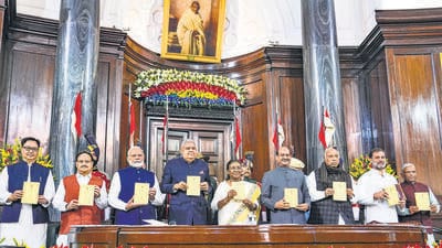 President Droupadi Murmu with Vice President Jagdeep Dhankhar, Prime Minister Narendra Modi, Lok Sabha Speaker Om Birla, LoP in the Rajya Sabha Mallikarjun Kharge and LoP in the Lok Sabha Rahul Gandhi during 'Samvidhan Divas' function at Samvidhan Sadan, in New Delhi, on Tuesday. (PTI) President Droupadi Murmu with Vice President Jagdeep Dhankhar, Prime Minister Narendra Modi, Lok Sabha Speaker Om Birla, LoP in the Rajya Sabha Mallikarjun Kharge and LoP in the Lok Sabha Rahul Gandhi during 'Samvidhan Divas' function at Samvidhan Sadan, in New Delhi, on Tuesday. (PTI)