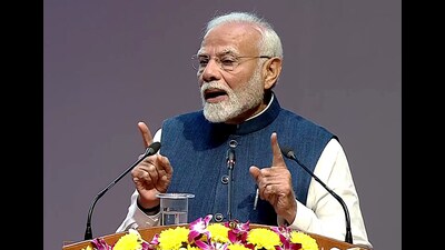 Prime Minister Narendra Modi addresses at the 75th Constitution Day program, at Supreme Court, in New Delhi on Tuesday. (ANI PHOTO) Prime Minister Narendra Modi addresses at the 75th Constitution Day program, at Supreme Court, in New Delhi on Tuesday. (ANI PHOTO)