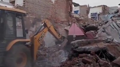 Three houses collapsed in Madhya Pradesh's Morena district after an explosion. (Screengrab) Three houses collapsed in Madhya Pradesh's Morena district after an explosion. (Screengrab)