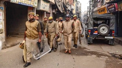 Security personnel deployed outside the Jama Masjid to maintain law and order in Sambhal on Monday. (PTI) Security personnel deployed outside the Jama Masjid to maintain law and order in Sambhal on Monday. (PTI)