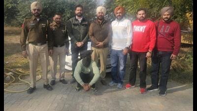 The arrested smuggler in Moga district on Tuesday. (HT Photo)