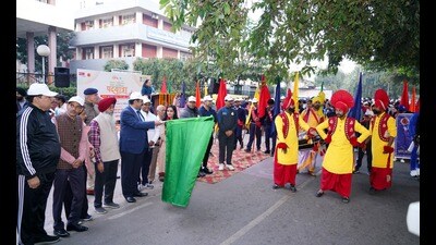 UT Advisor Rajeev Verma flagging off a padyatra themed ‘Mera Samvidhan, Mera Swabhiman’ on Tuesday. (HT Photo)