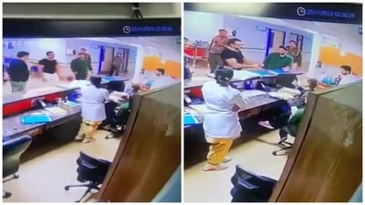 A purported CCTV footage said to be of the incident showed a man, allegedly the IPS officer, gesturing angrily at the doctor and pointing his finger. (X/@RDA_SJH) A purported CCTV footage said to be of the incident showed a man, allegedly the IPS officer, gesturing angrily at the doctor and pointing his finger. (X/@RDA_SJH)