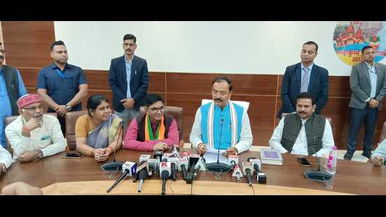 Deputy CM Keshav Prasad Maurya talking to media persons in Prayagraj on Tuesday (HT photo)