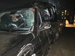 Wreckage of a car being towed away after an accident at the Agra-Lucknow Expressway, in Kannauj district. Wreckage of a car being towed away after an accident at the Agra-Lucknow Expressway, in Kannauj district.