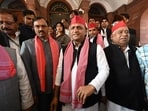 Samajwadi Party leader Akhilesh Yadav with his party MPs after 'Samvidhan Divas' function. (Photo by Arvind Yadav/ Hindustan Times) Samajwadi Party leader Akhilesh Yadav with his party MPs after 'Samvidhan Divas' function. (Photo by Arvind Yadav/ Hindustan Times)