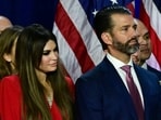 Kimberly Guilfoyle and her partner Donald Trump Jr. listen to former US President and Republican presidential candidate Donald Trump speak an election night event at the West Palm Beach Convention Center in West Palm Beach, Florida, early on November 6, 2024. 