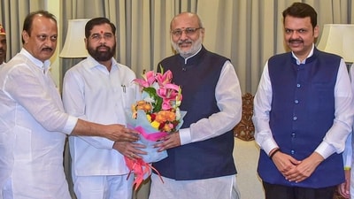 Eknath Shinde with Governor CP Radhakrishnan to tender his resignation as Maharashtra CM. (ANI file photo) Eknath Shinde with Governor CP Radhakrishnan to tender his resignation as Maharashtra CM. (ANI file photo)