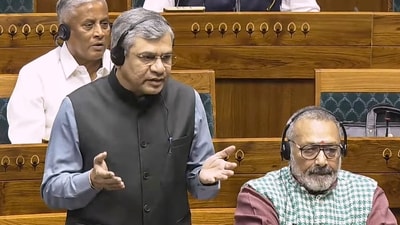 Union Minister Ashwini Vaishnaw speaks in the Lok Sabha during the Winter session of Parliament, in New Delhi. (PTI)