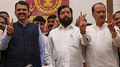 Maharashtra Chief Minister Eknath Shinde, Deputy Chief Minister Devendra Fadnavis, and Ajit Pawar celebrated their victory in the Maharashtra Assembly elections. (HT Photo) Maharashtra Chief Minister Eknath Shinde, Deputy Chief Minister Devendra Fadnavis, and Ajit Pawar celebrated their victory in the Maharashtra Assembly elections. (HT Photo)